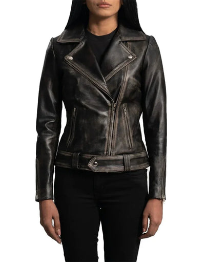Rumy Distressed Brown Leather Biker Jacket for Women's